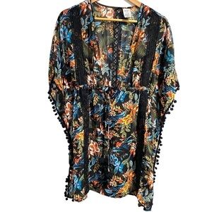 Floral coverup OS tassel Pom Pom 100% polyester time & tru tropical swimwear‎